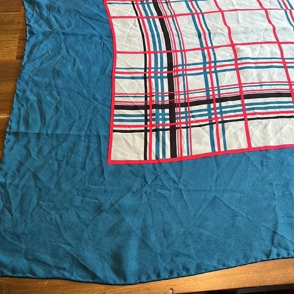 Franco Ferrari Grid Plaid Window Pane Scarf Silk Vintage Turquoise Blue Square - Picture 5 of 11